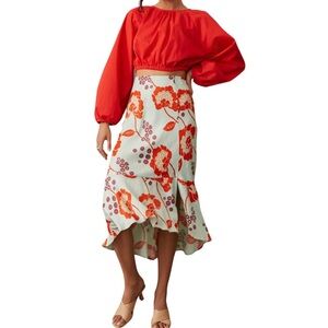 Anthropologie Flounced Midi Skirt Satin Floral Print Size S